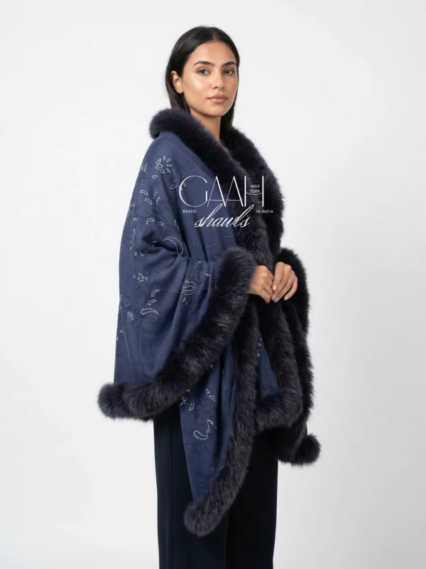 Pashmina Fur Shawl With Allover Paisley Crystal