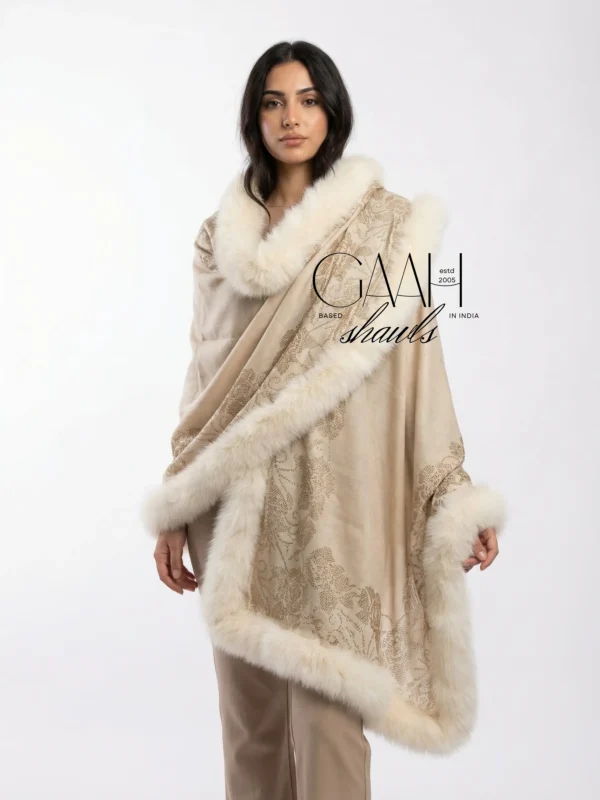 Pashmina Fur Shawl With Border Floral Swarovski Design