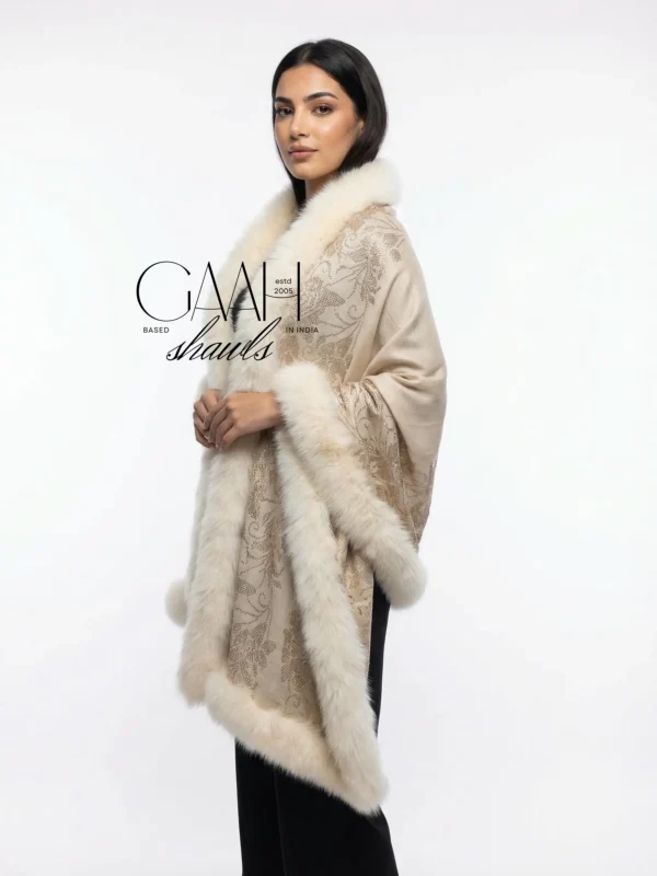 Pashmina Fur Shawl With Border Floral Swarovski Design