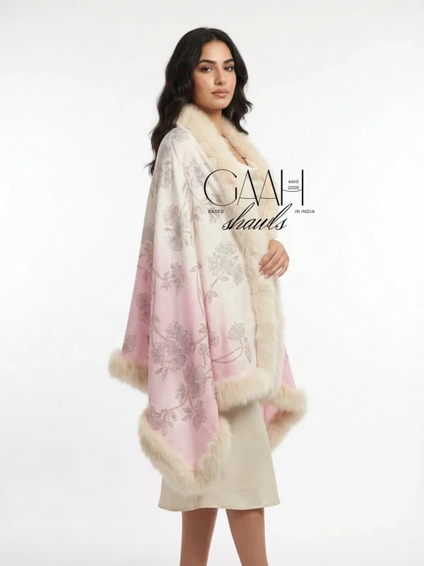 Pashmina Fur Shawl With Allover Floral Crystal Design