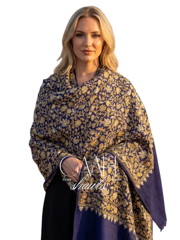 Royal indigo kashmiri pashmina shawl with heavy aari embroidery