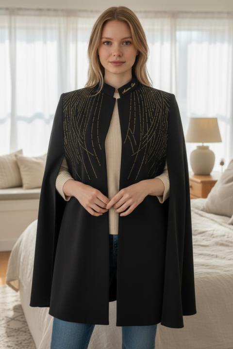 Women’s Crystal Embellished Cape Coat with Open Sleeves