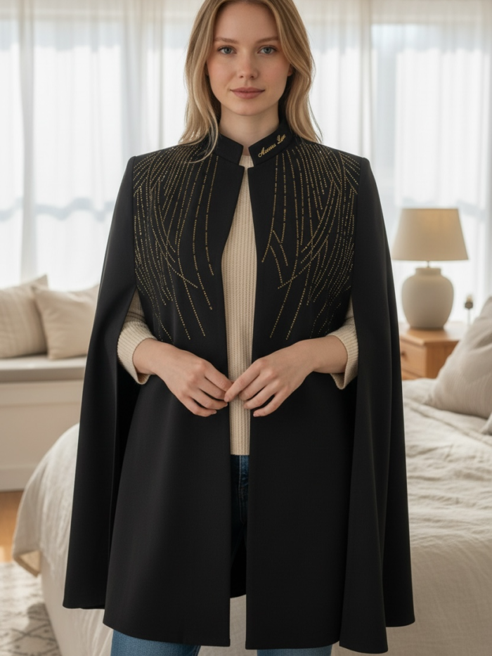 Women’s Crystal Embellished Cape Coat with Open Sleeves