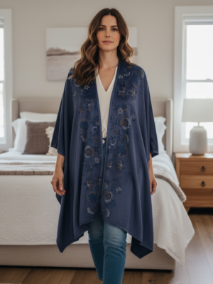 Womens Velvet Cape Shawl With Crystal Floral Design