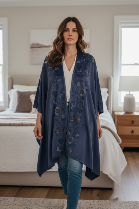 Womens Velvet Cape Shawl With Crystal Floral Design