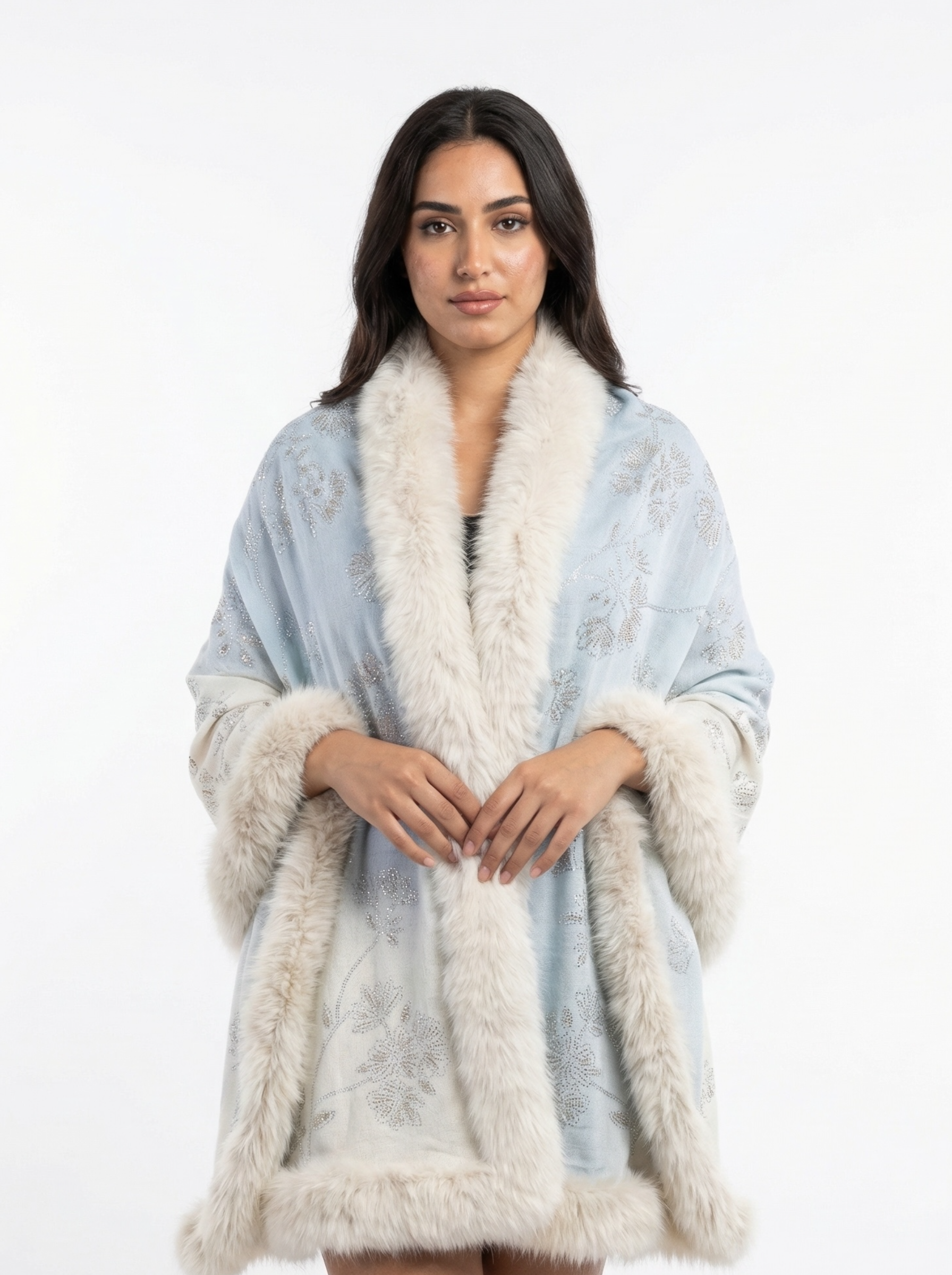 Pashmina Fur Shawl With Allover Lotus Crystal Design