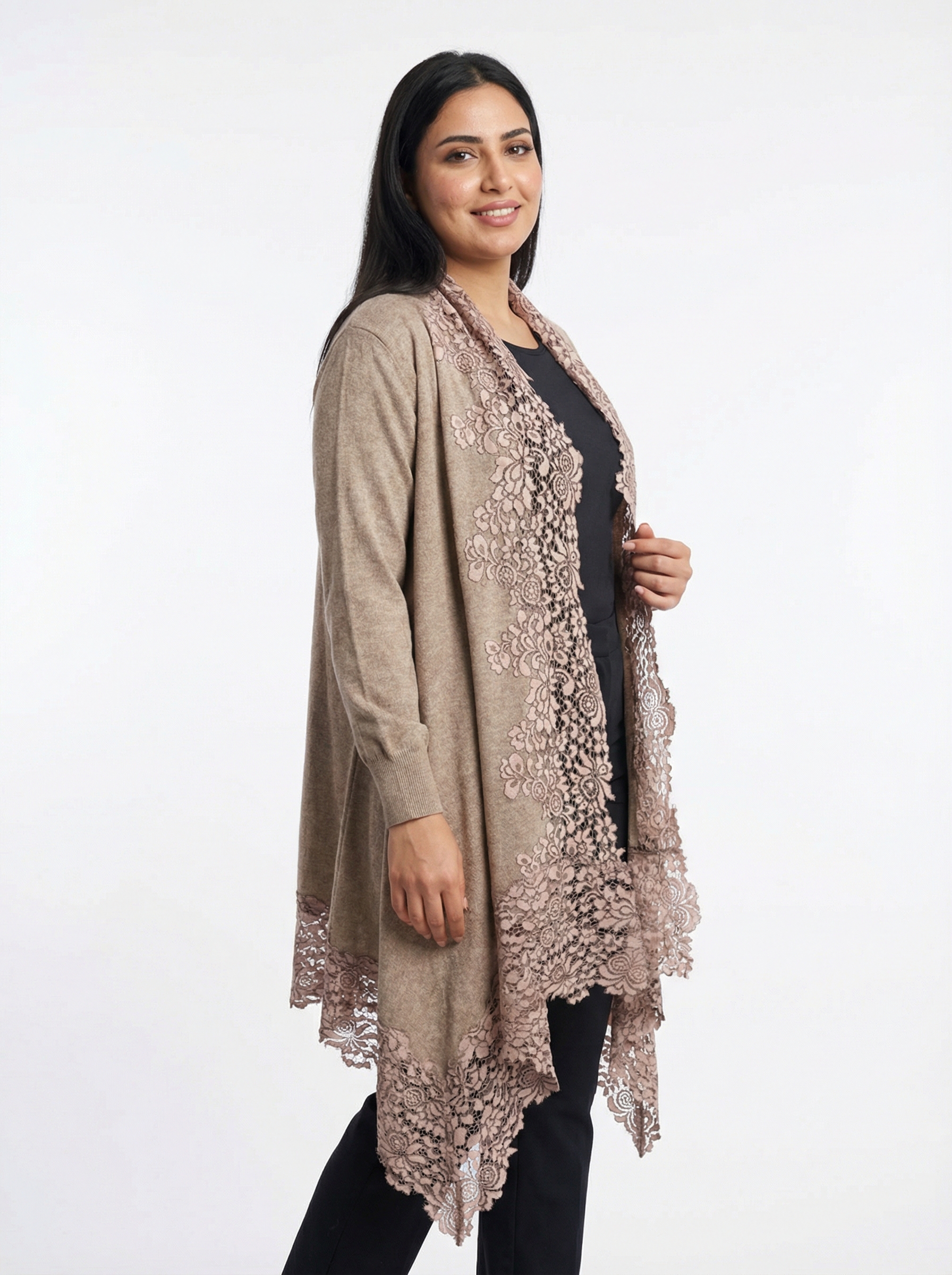 cashmere knitted women's shrug with border french lace (free size)