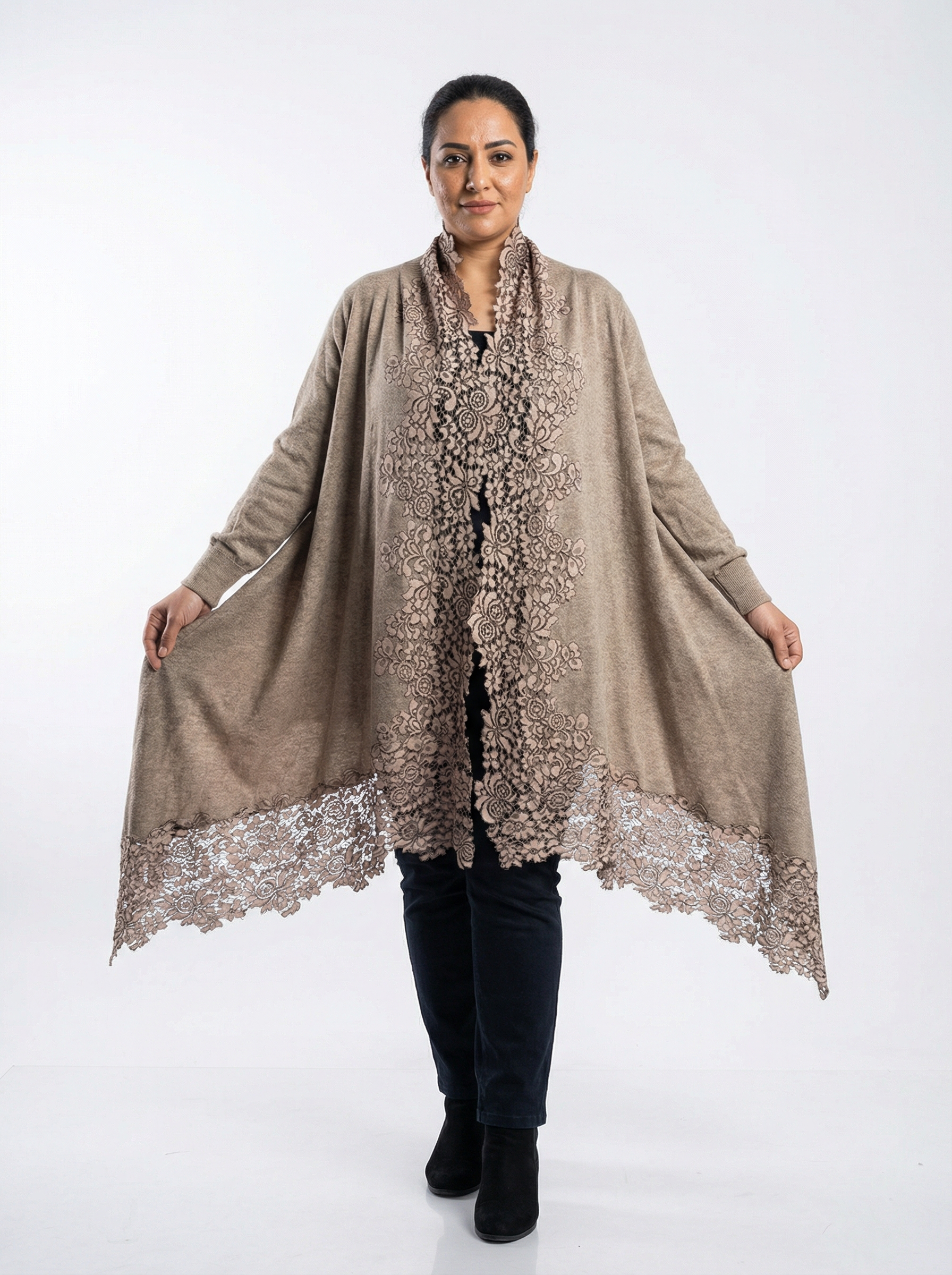 cashmere knitted women's shrug with border french lace (free size)