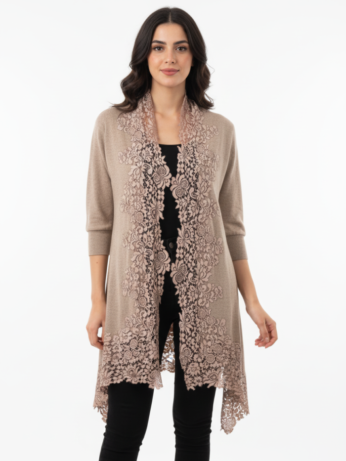 cashmere knitted women's shrug with border french lace (free size)