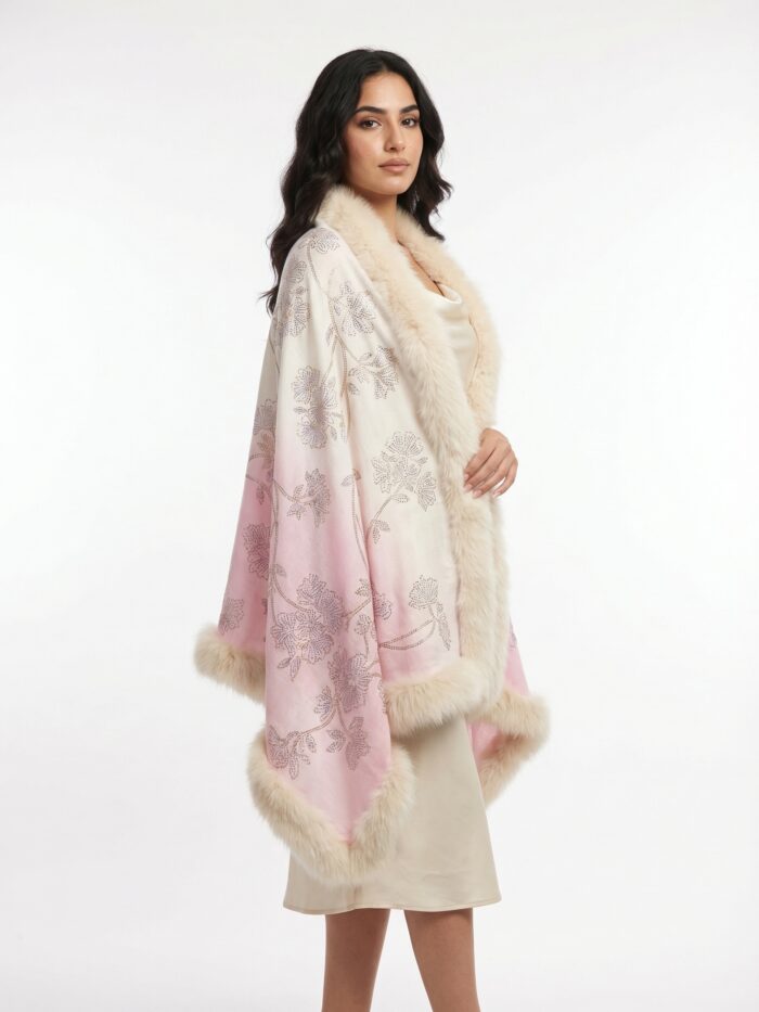 Pashmina Fur Shawl With Allover Floral Crystal Design