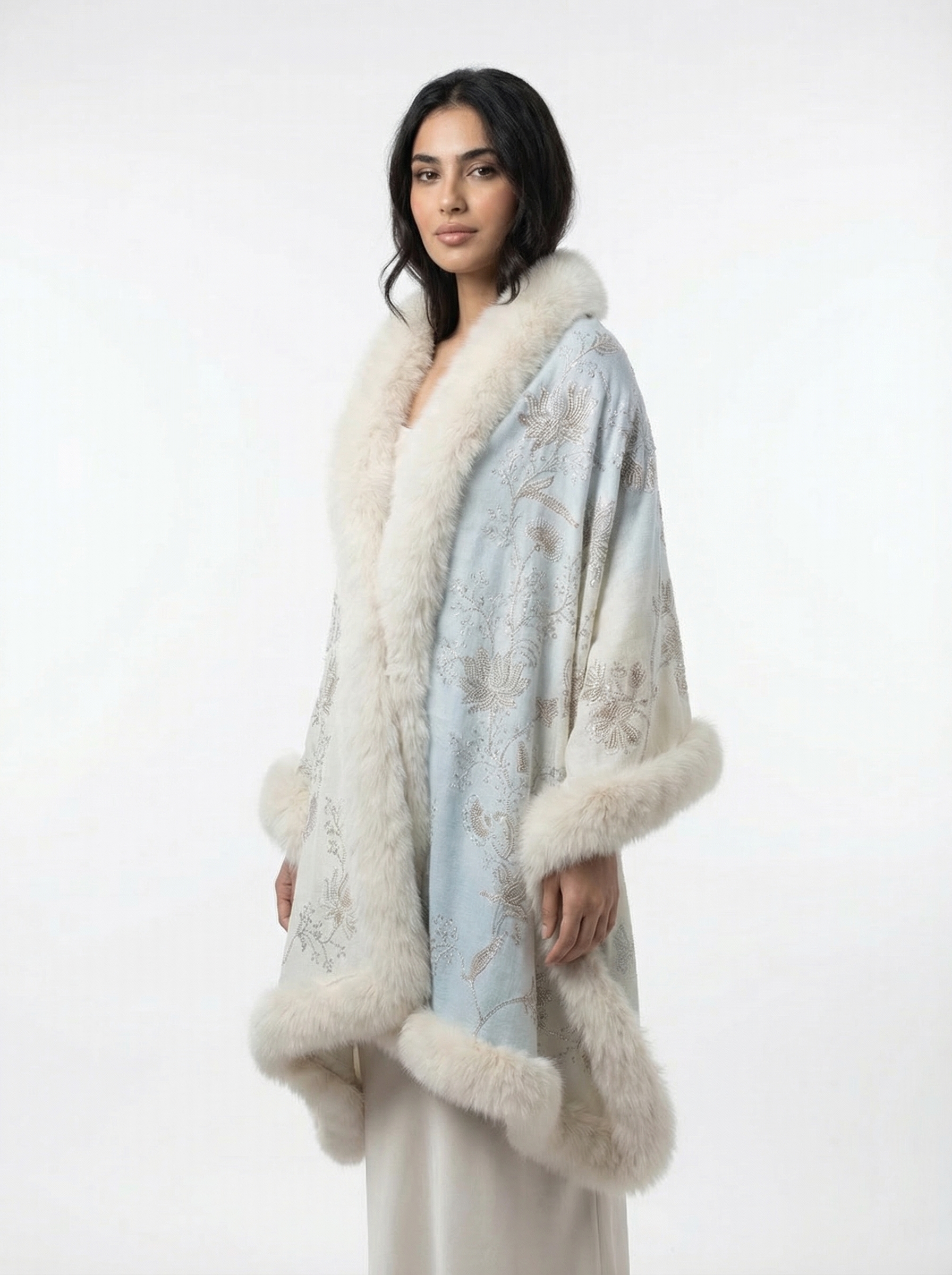 Pashmina Fur Shawl With Allover Lotus Crystal Design