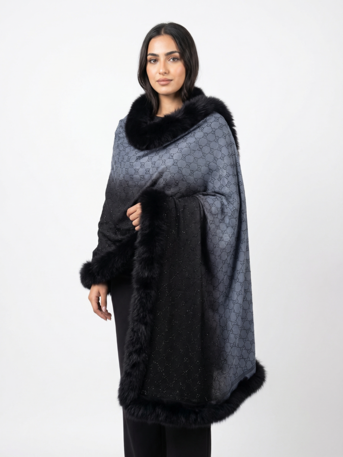 Pashmina Fur Shawl With All-Over Swarovski Design - Light Blue & Black Ombre