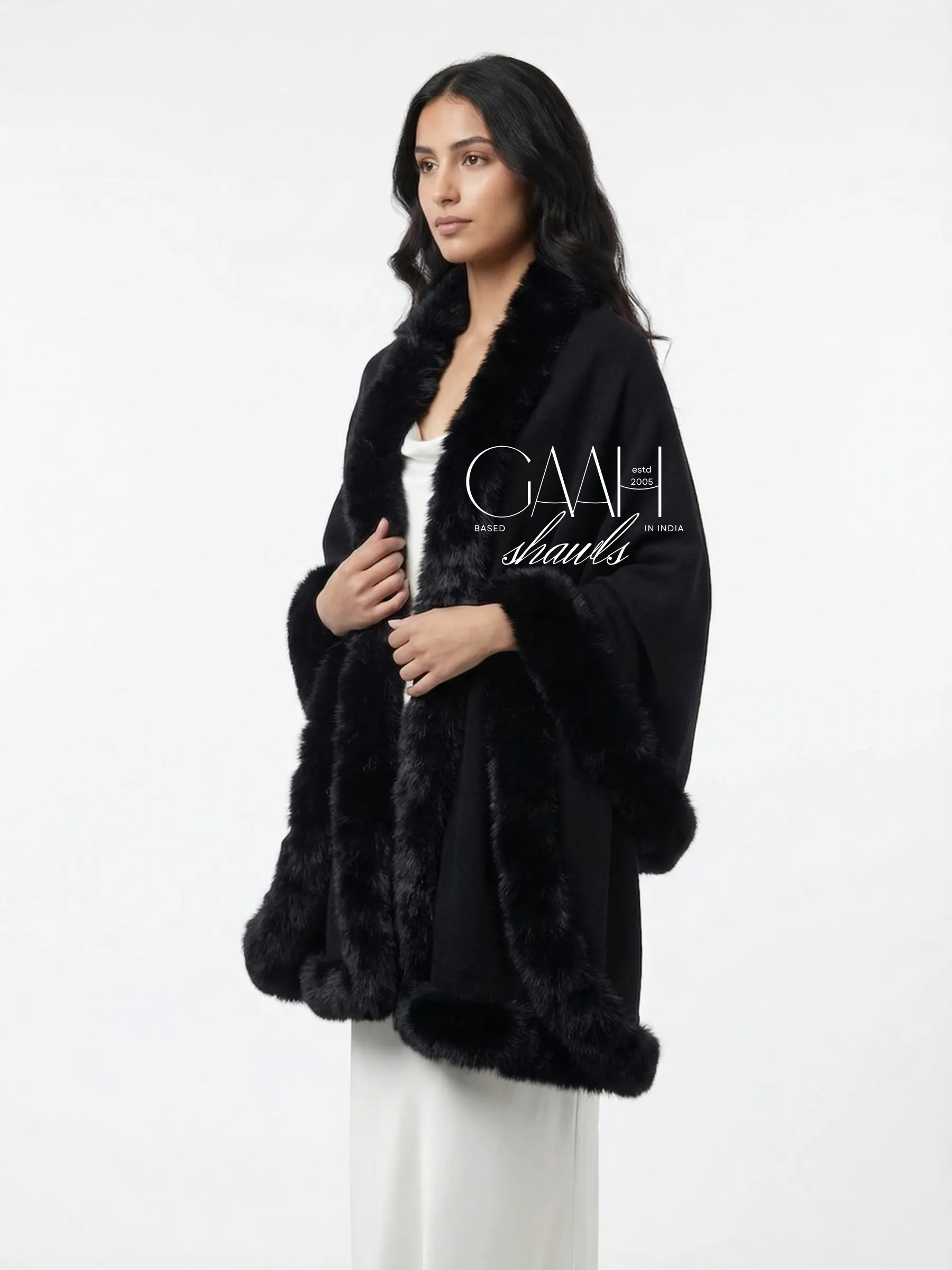 Women’s Pashmina Shawl with Four-Side Fox Fur Trim