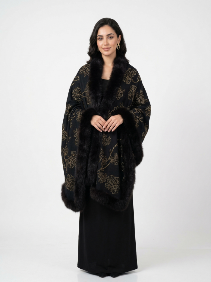 Pashmina Fur Shawl With Floral Crystal Design