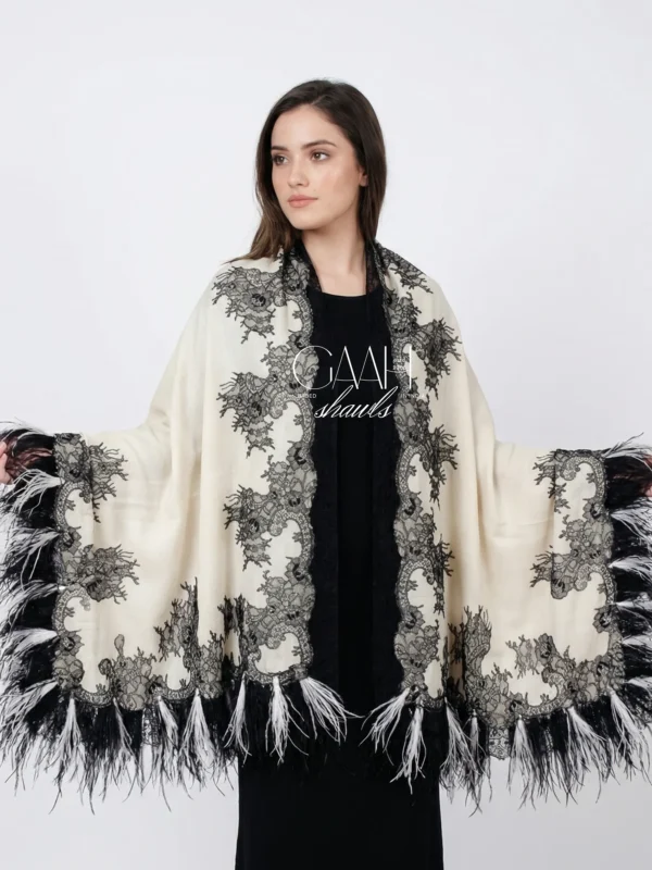 pashmina lace shawl with 4 side feathers