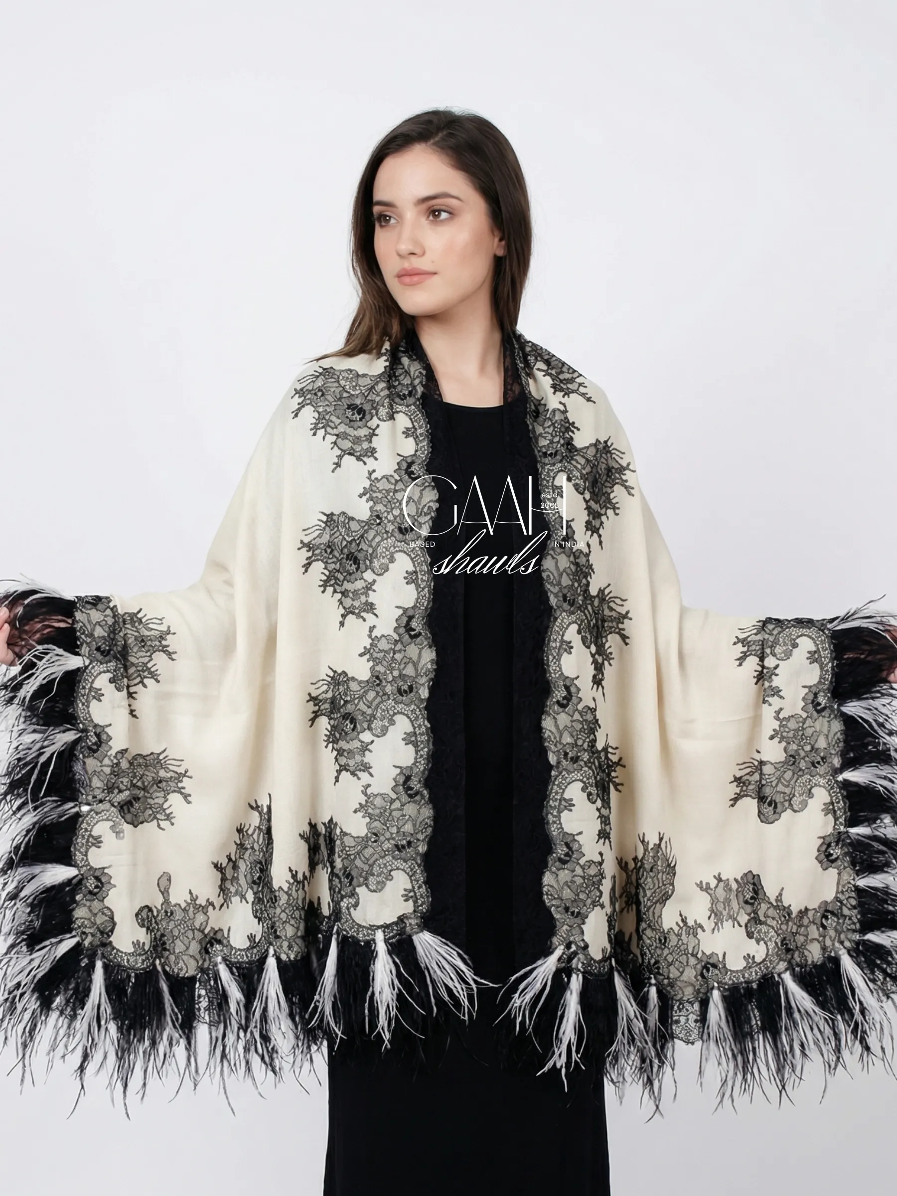pashmina lace shawl with 4 side feathers