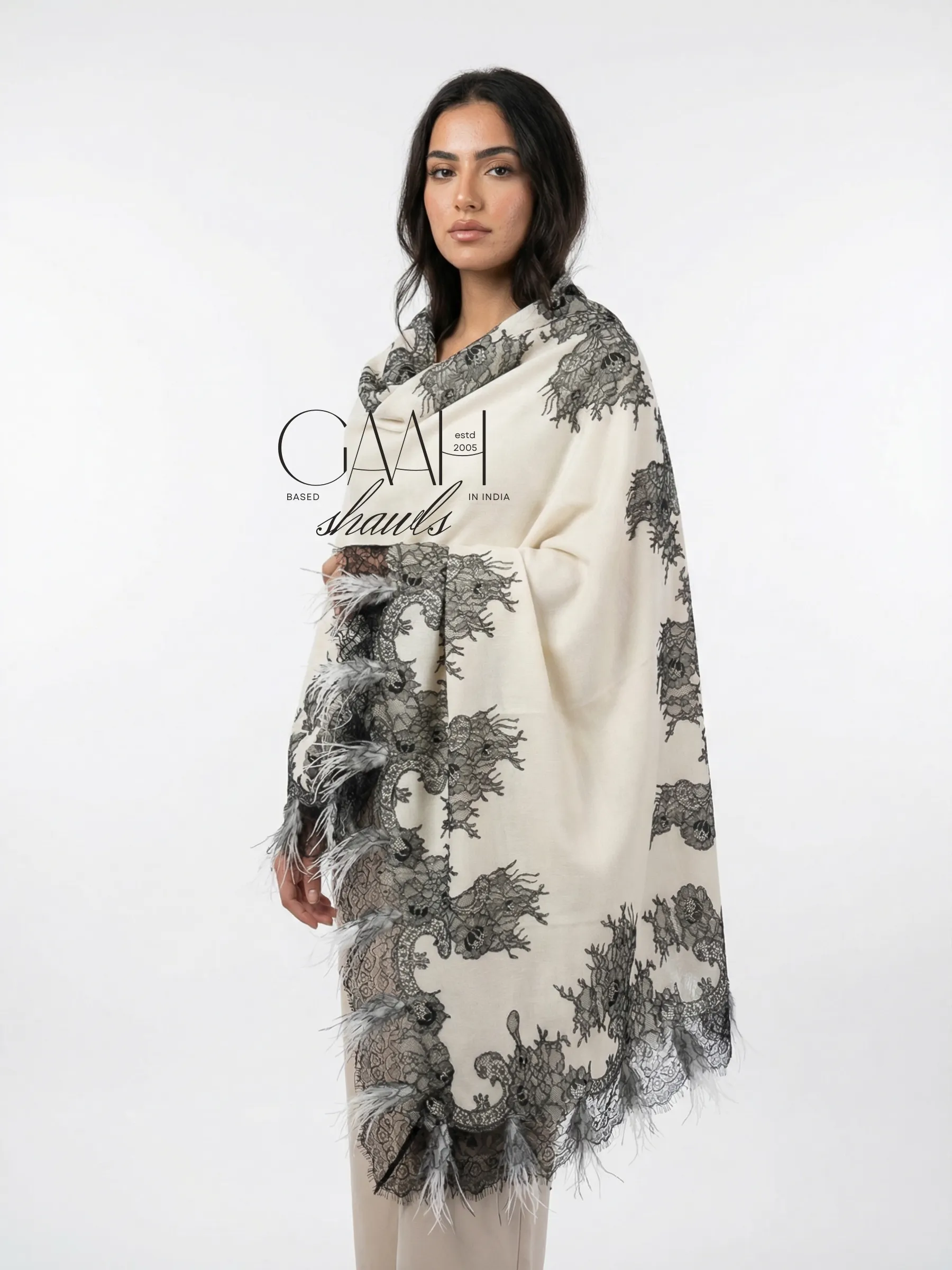 pashmina lace shawl with 4 side feathers