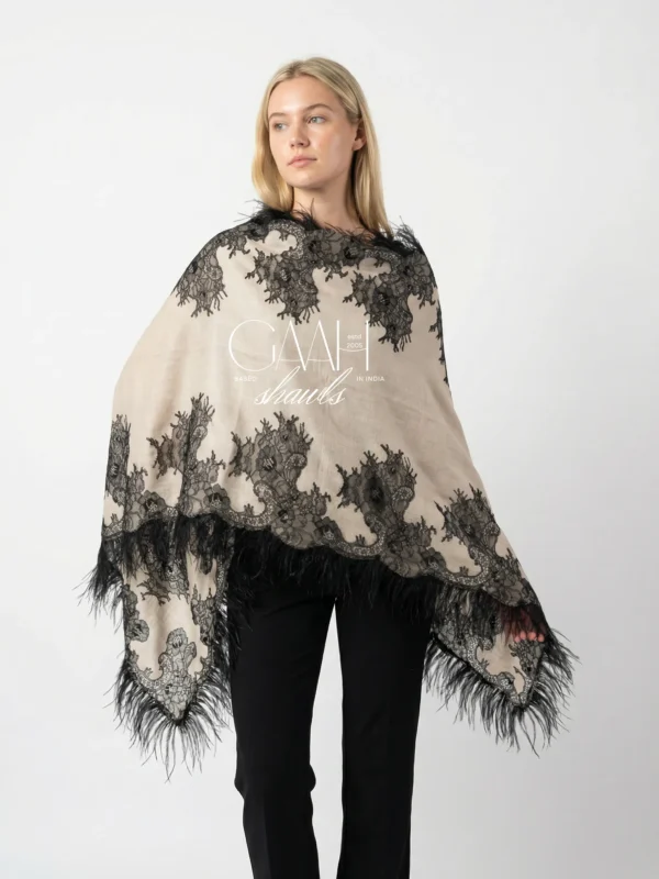 pashmina lace shawl with 4 side feathers