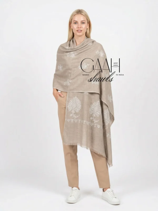 100% pure pashmina beige shawl with sozni embroidery