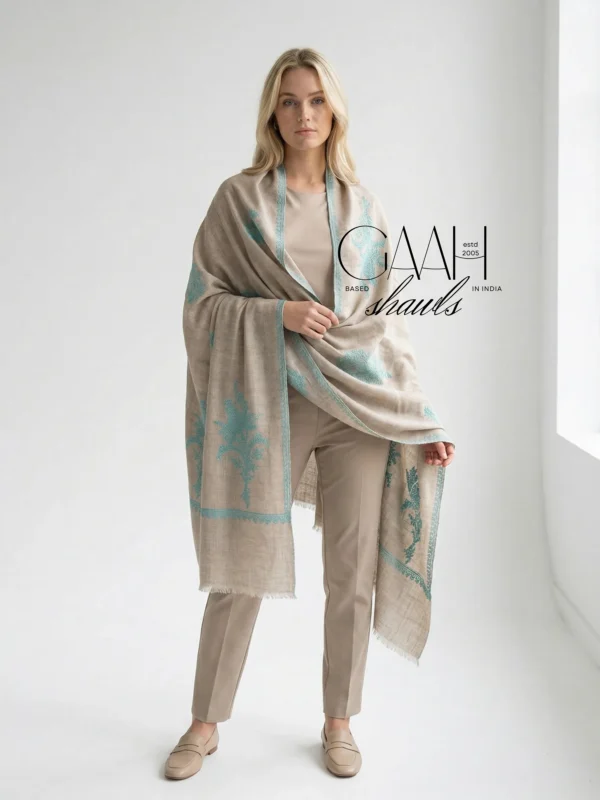 100% Pure Pashmina Beige Shawl with Sozni Embroidery Border