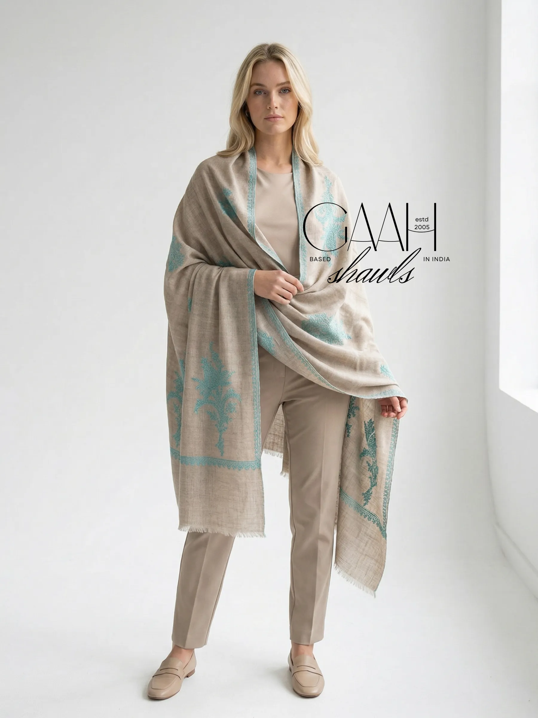 100% Pure Pashmina Beige Shawl with Sozni Embroidery Border