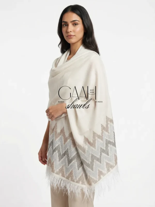 Swarovski Zig Zag Pashmina Shawl with Feather Trim