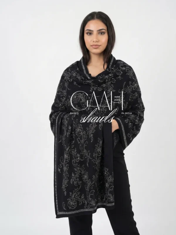 Midnight Black Pashmina Shawl with All-Over Floral Swarovski