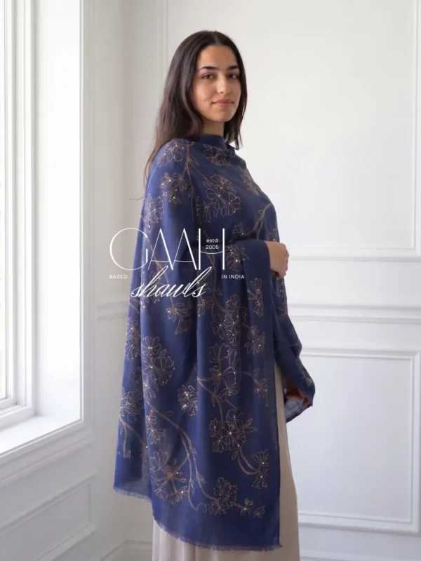 Royal Sapphire Pashmina Shawl with Gold Floral Swarovski