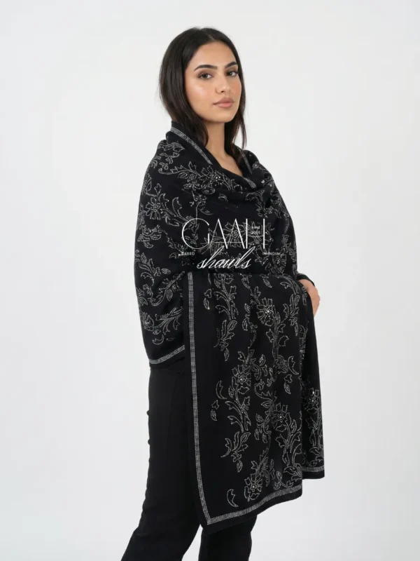 Midnight Black Pashmina Shawl with All-Over Floral Swarovski