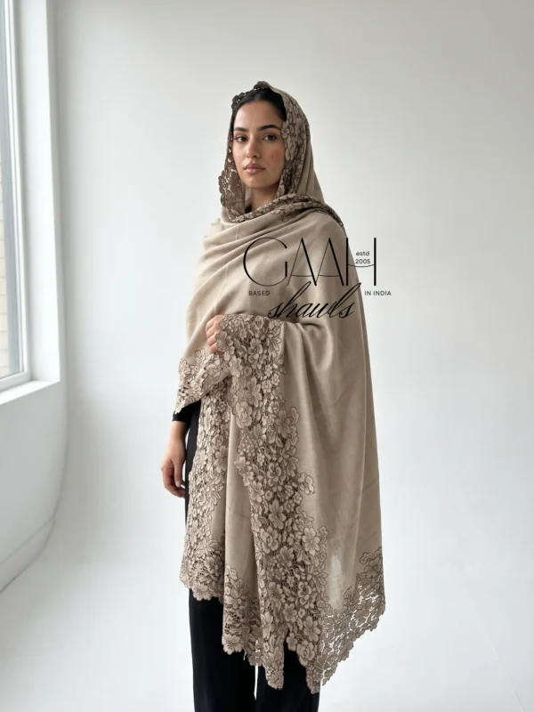 Beige Pashmina Shawl with Intricate Floral Lace Border