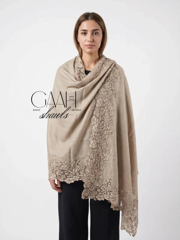 Beige Pashmina Shawl with Intricate Floral Lace Border
