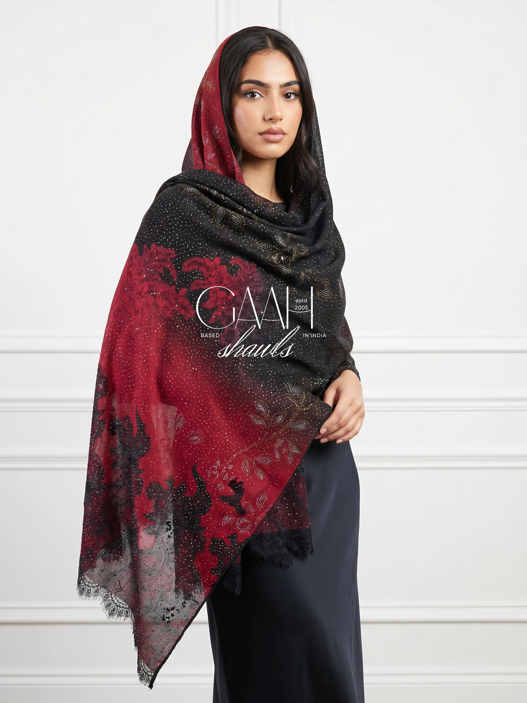Midnight Ruby Ombre Swarovski Lace Pashmina Shawl