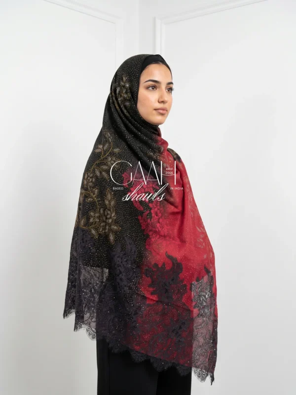 Midnight Ruby Ombre Swarovski Lace Pashmina Shawl