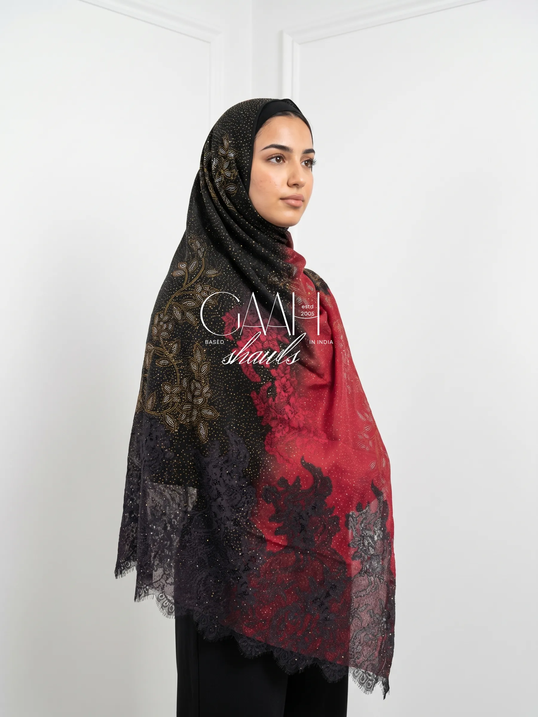 Midnight Ruby Ombre Swarovski Lace Pashmina Shawl