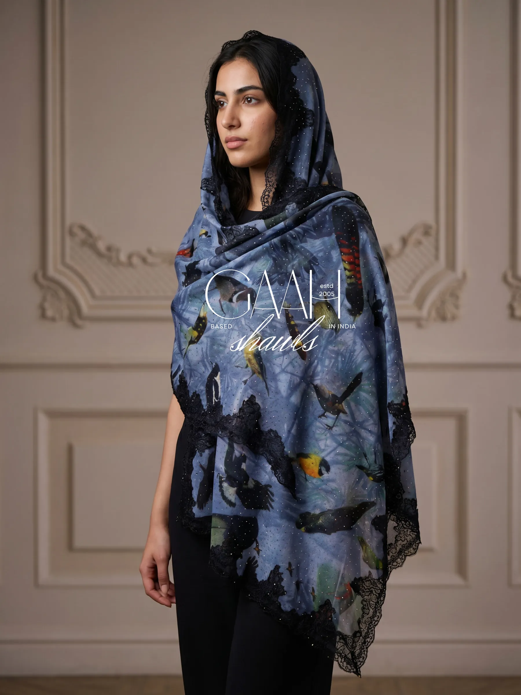 Artistic Print Swarovski Lace Pashmina Shawl Artistic Print Swarovski Lace Pashmina Shawl