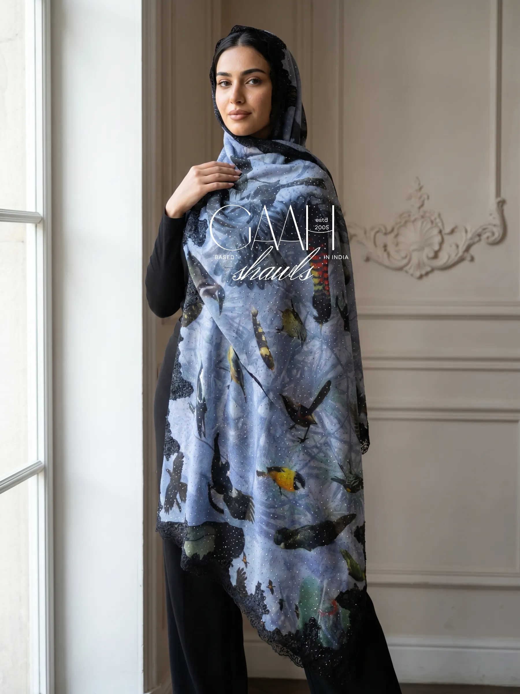 Artistic Print Swarovski Lace Pashmina Shawl Artistic Print Swarovski Lace Pashmina Shawl