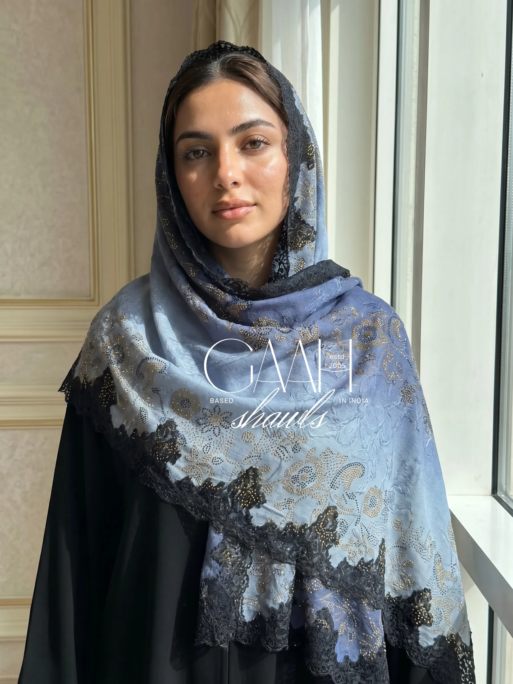 Pashmina Ombre Shawl With Swarovski and Lace Border Pashmina Ombre Shawl With Swarovski and Lace Border