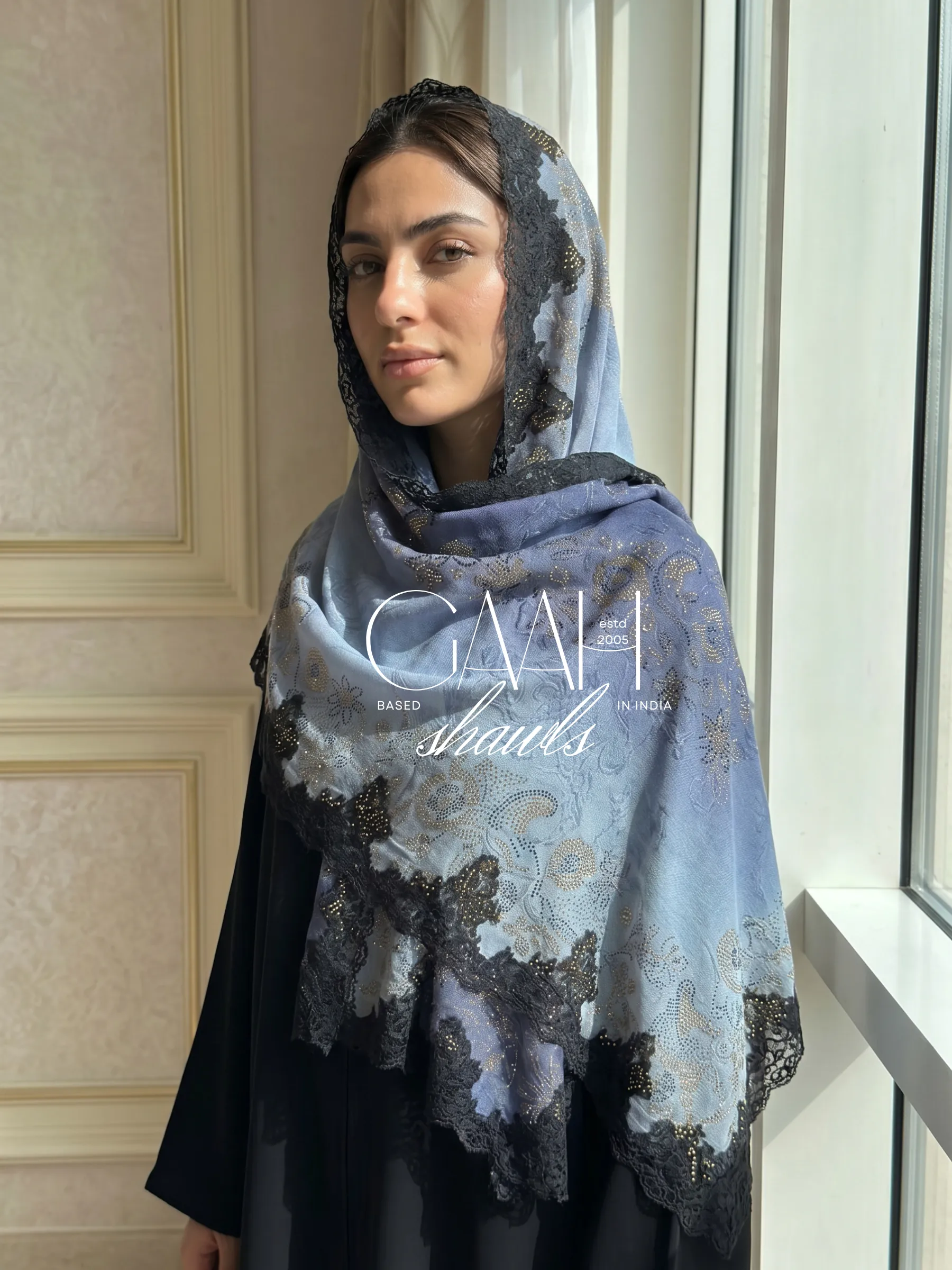 Pashmina Ombre Shawl With Swarovski and Lace Border Pashmina Ombre Shawl With Swarovski and Lace Border