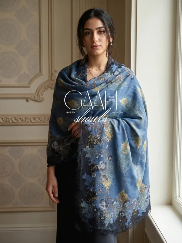 Pashmina Ombre Shawl With Swarovski and Lace Border