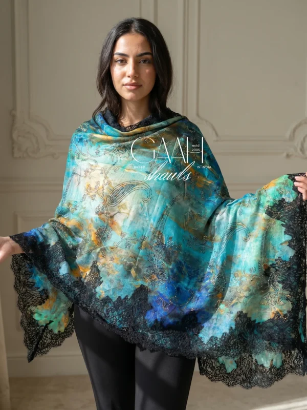 Pashmina Ombre Shawl With Swarovski and Lace Border