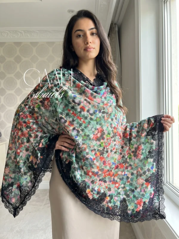 Pashmina Ombre Swarovski Shawl With Lace Border