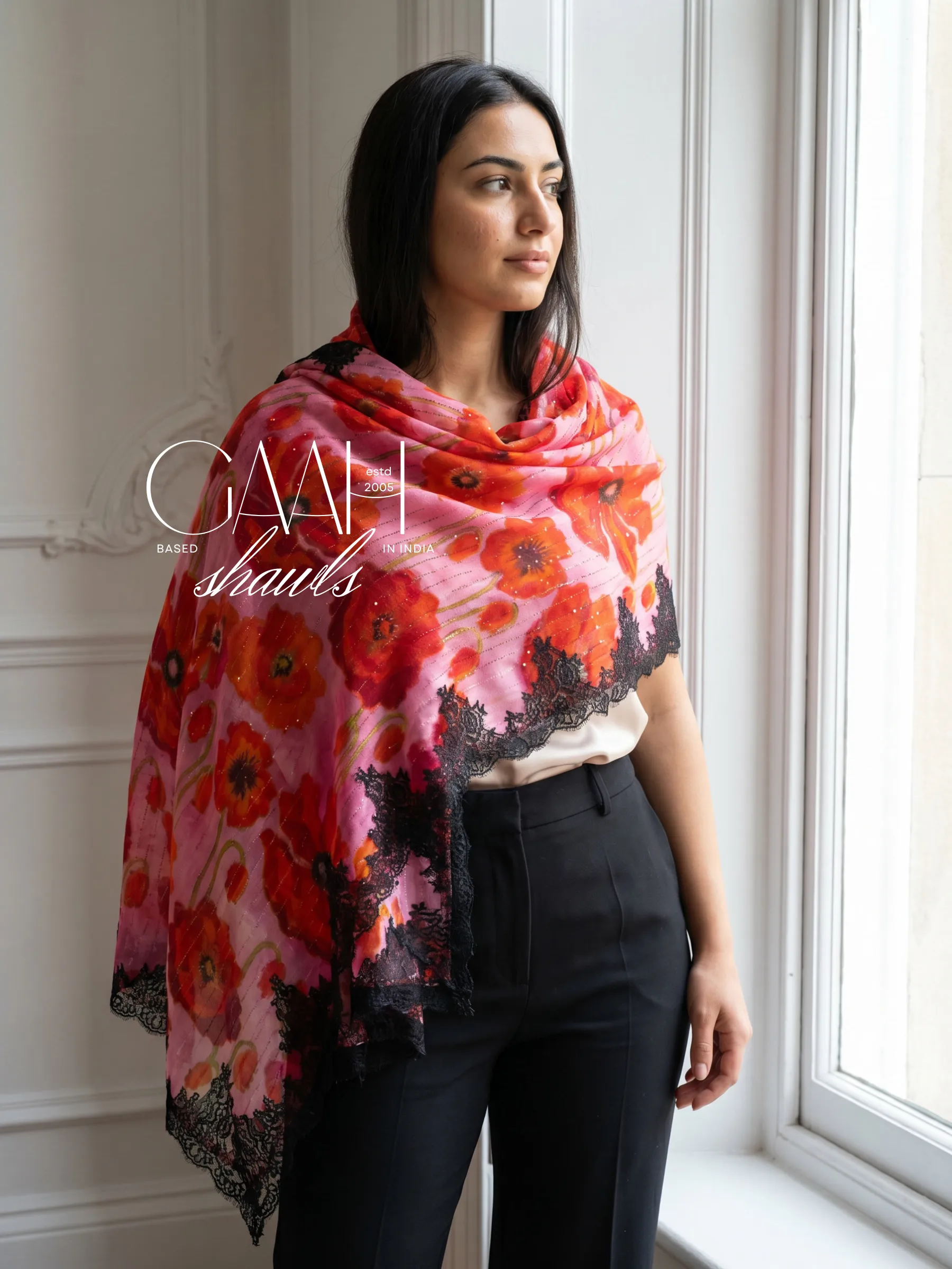 Pashmina Ombre Swarovski Shawl With Lace Border Pashmina Ombre Swarovski Shawl With Lace Border