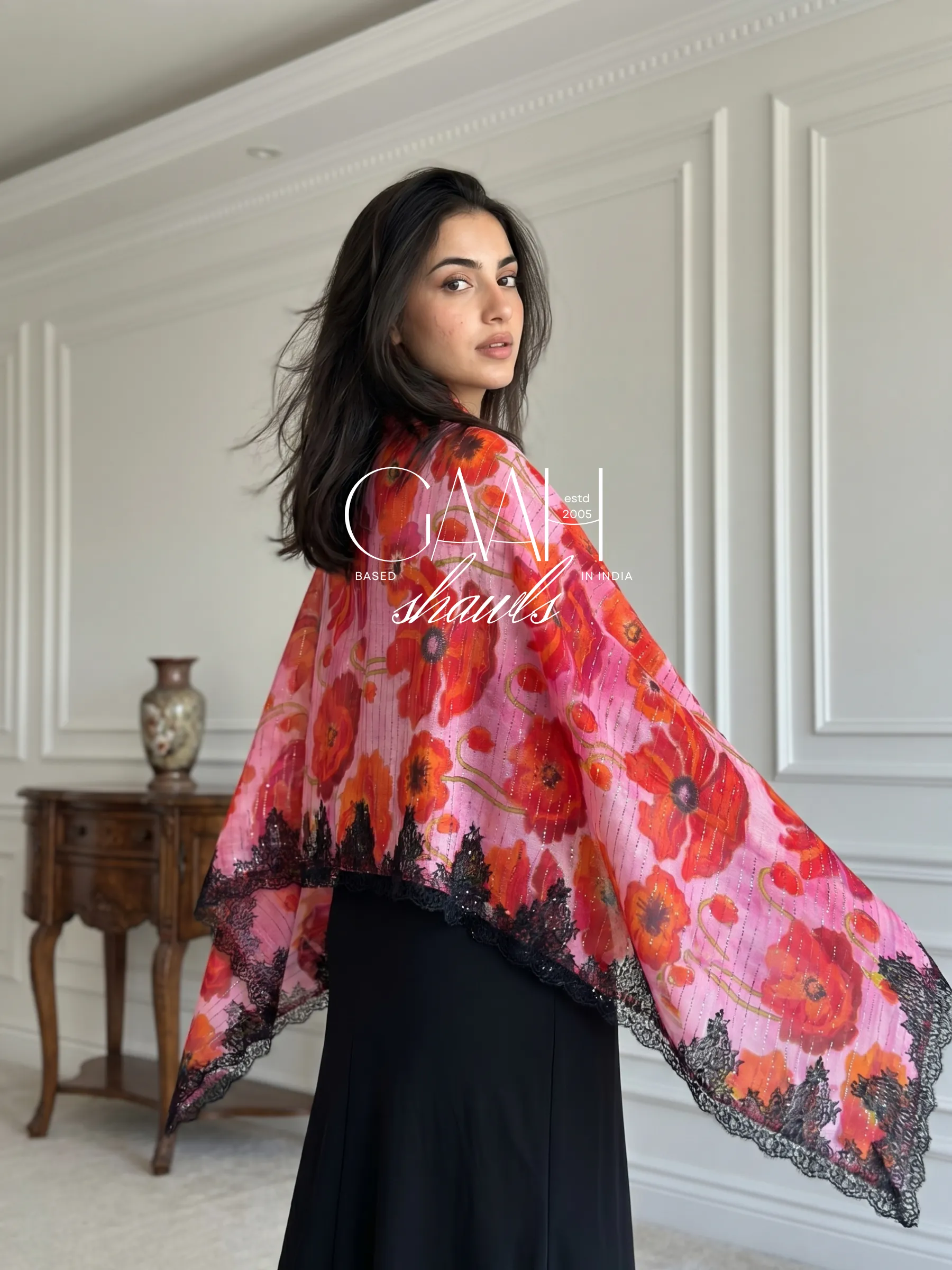 Pashmina Ombre Swarovski Shawl With Lace Border Pashmina Ombre Swarovski Shawl With Lace Border