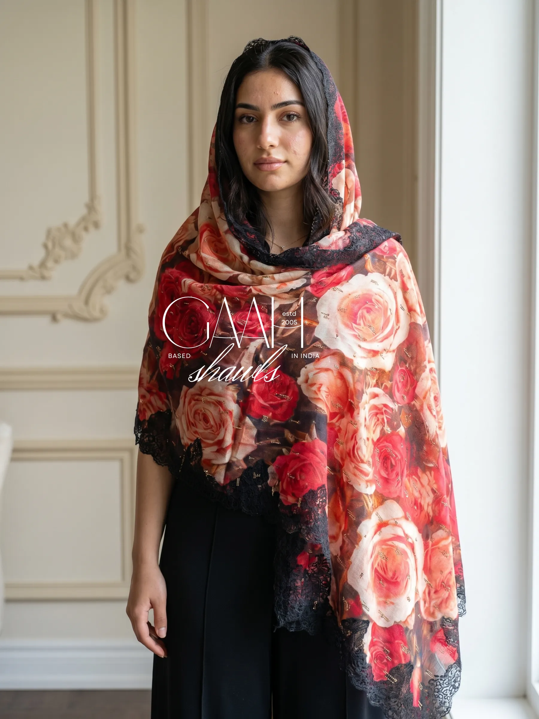 Digital Print Swarovski Pashmina Lace Shawl Digital Print Swarovski Pashmina Lace Shawl