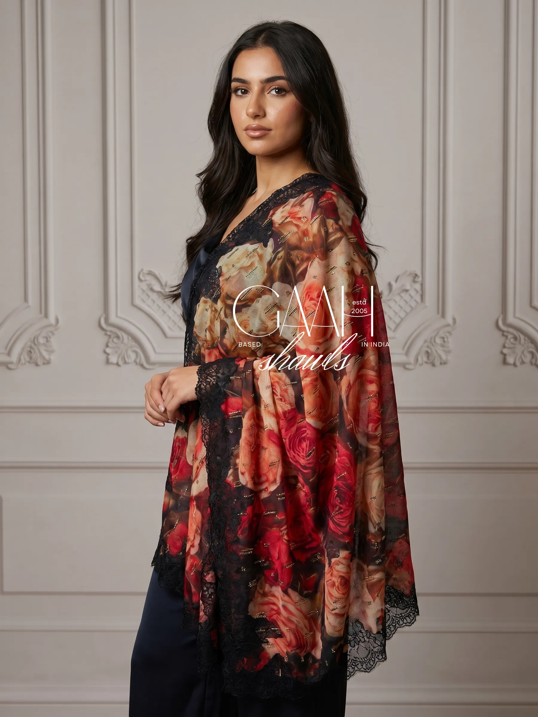 Digital Print Swarovski Pashmina Lace Shawl Digital Print Swarovski Pashmina Lace Shawl