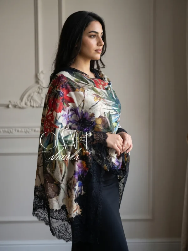 Digital Print Swarovski Embedded Pashmina Lace Shawl