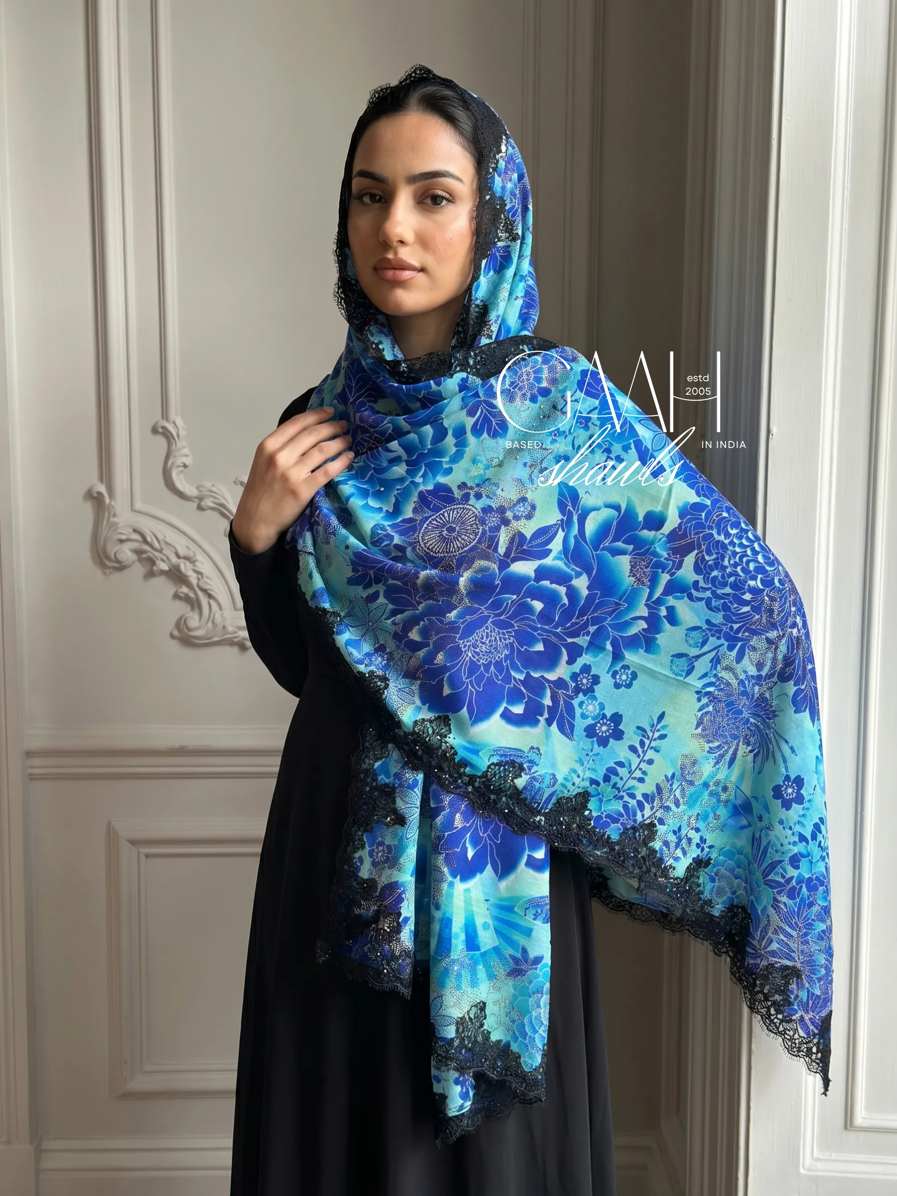 Printed Swarovski Lace Pashmina Shawl Printed Swarovski Lace Pashmina Shawl