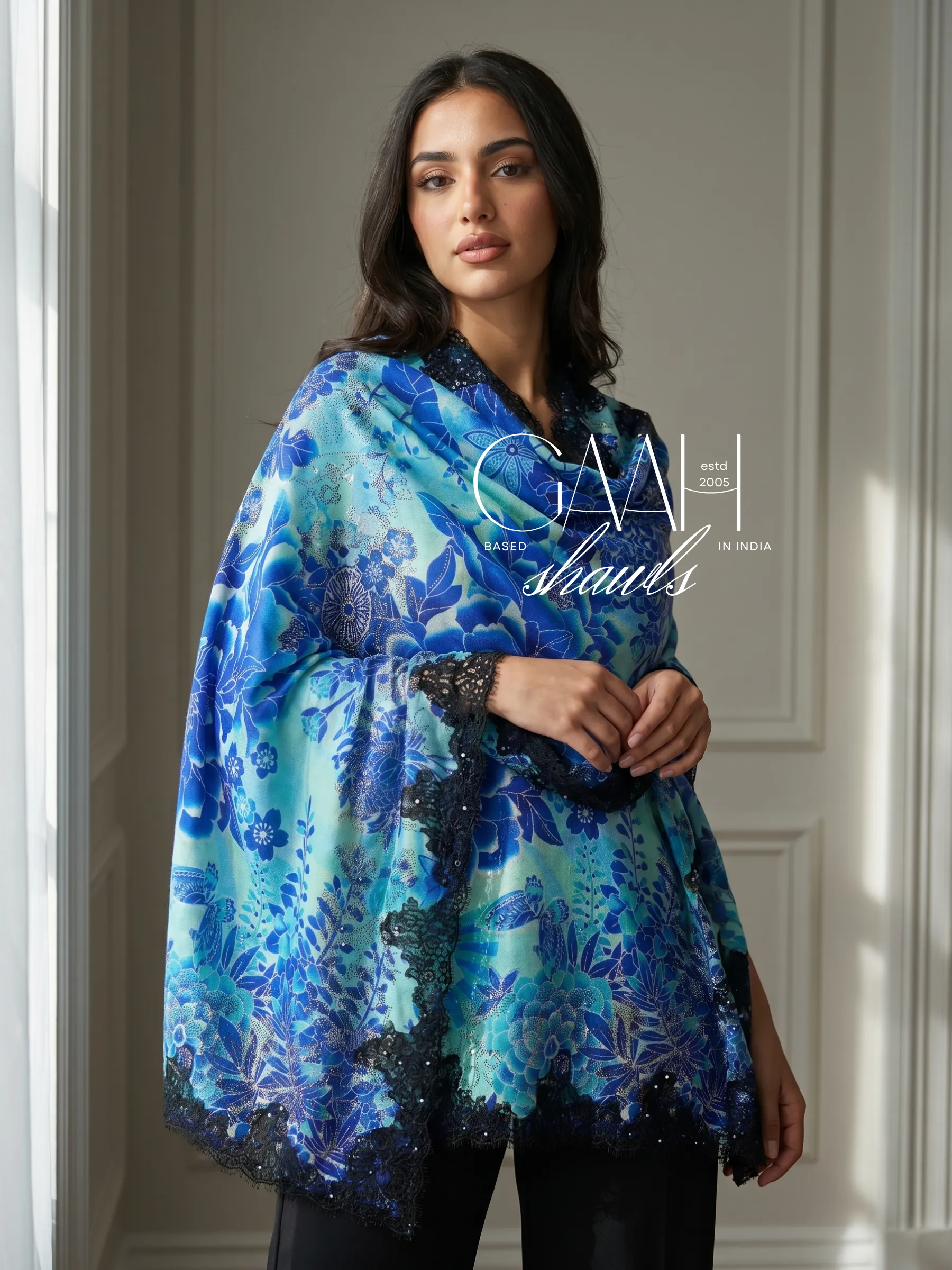 Printed Swarovski Lace Pashmina Shawl Printed Swarovski Lace Pashmina Shawl