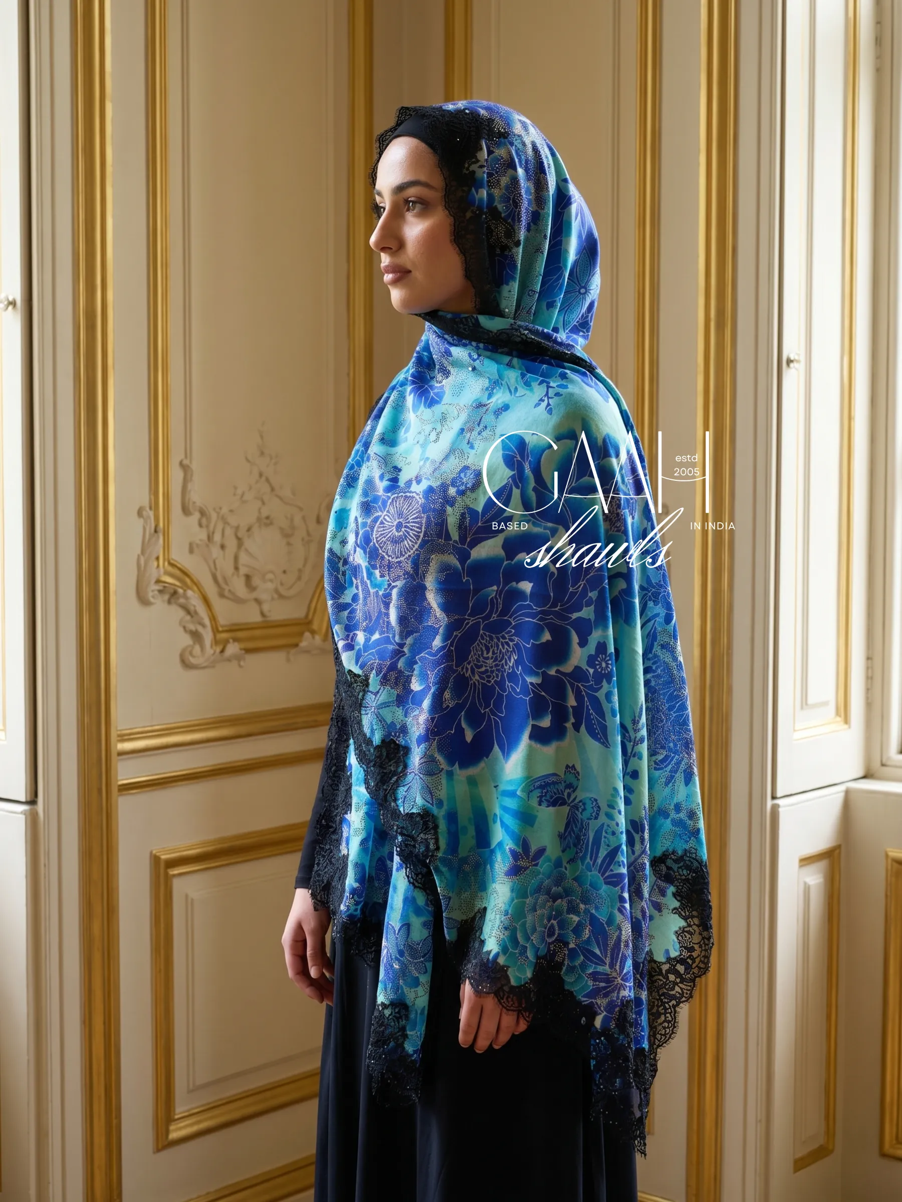Printed Swarovski Lace Pashmina Shawl Printed Swarovski Lace Pashmina Shawl