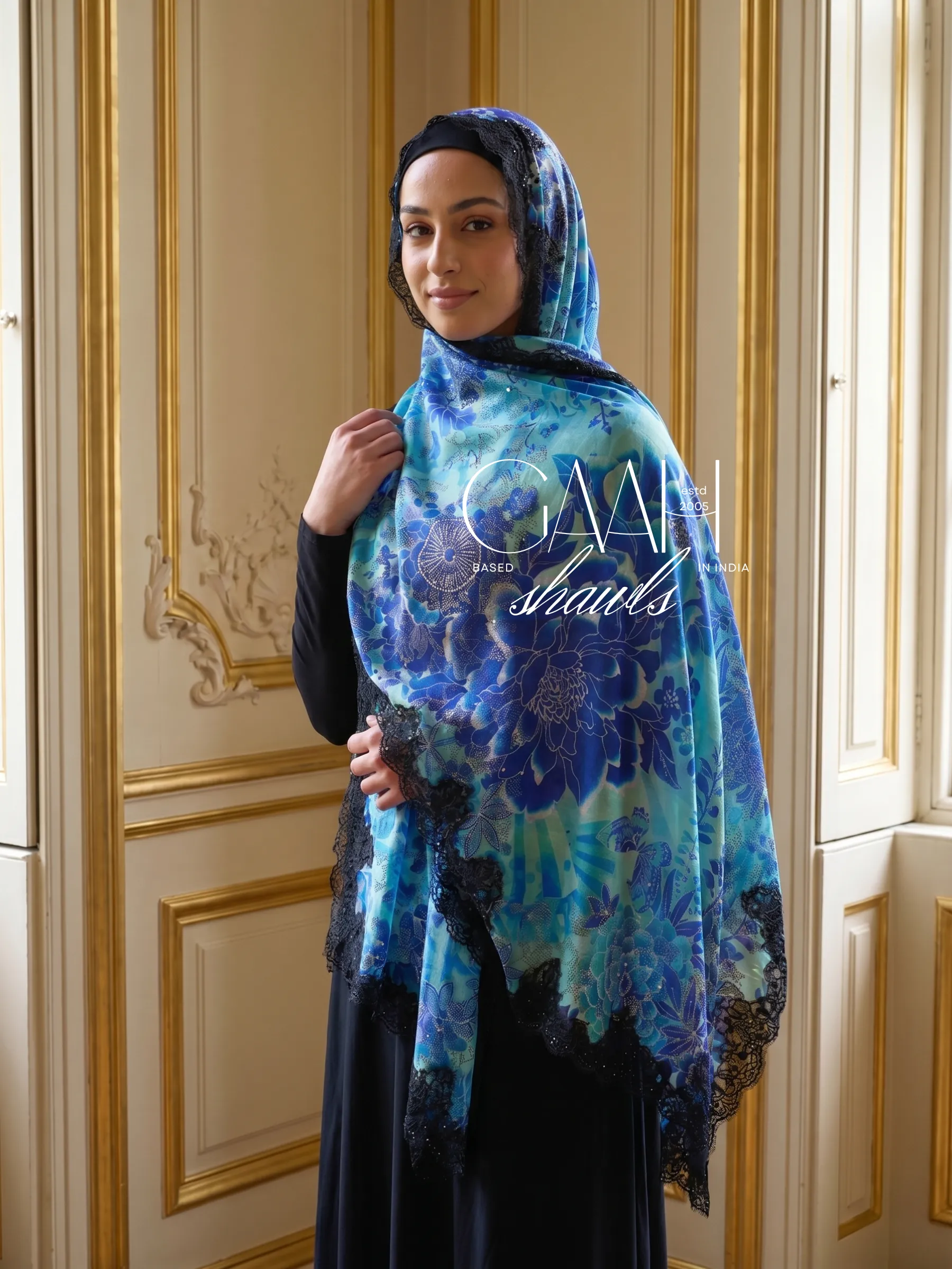 Printed Swarovski Lace Pashmina Shawl Printed Swarovski Lace Pashmina Shawl